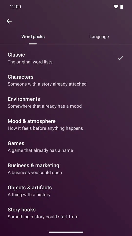 The word packs screen, listing eleven themed packs with short descriptions.