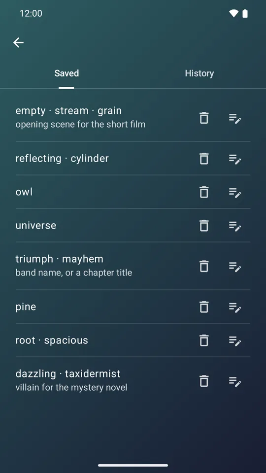 Saved ideas in a list, some with a short note underneath.